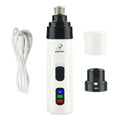 White electric dog nail trimmer with three buttons black accents usb charging cable precision grinding rechargeable battery