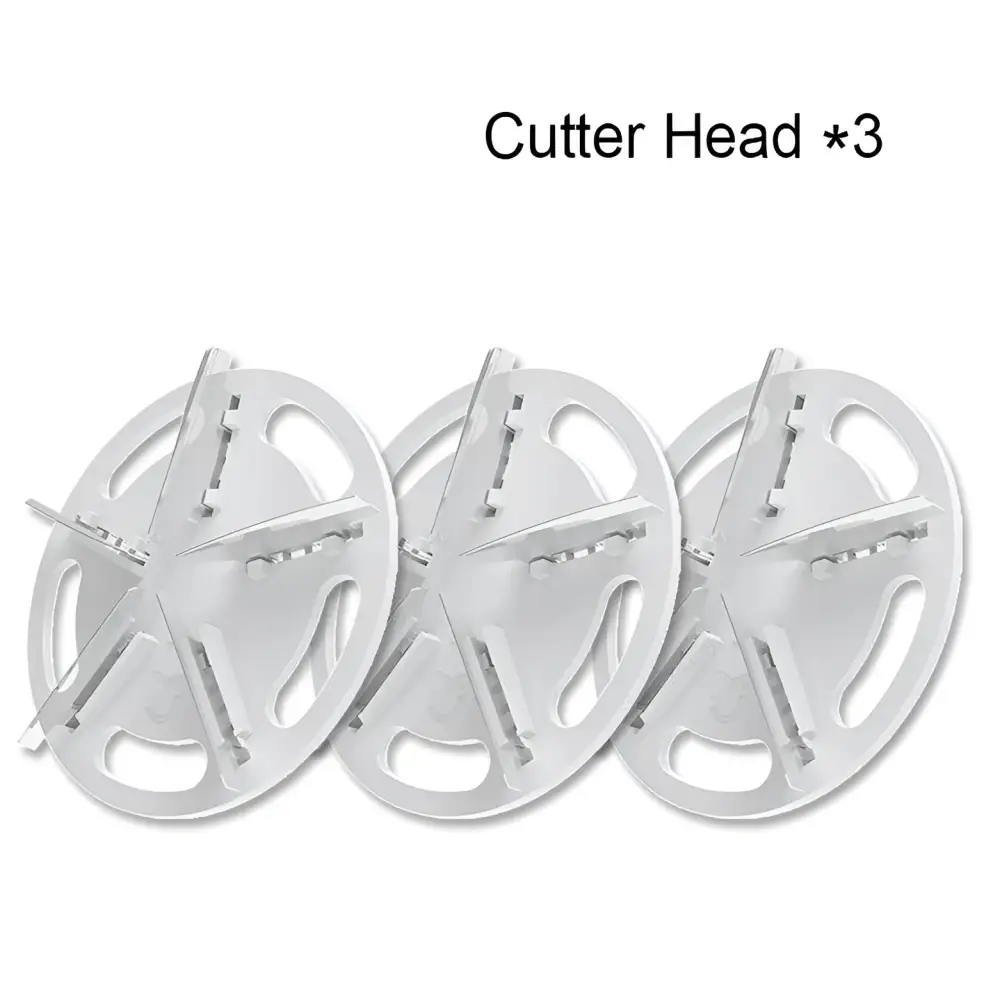 Three white plastic cutter heads with blades for electric bulb remover in luxury women’s fashion care use