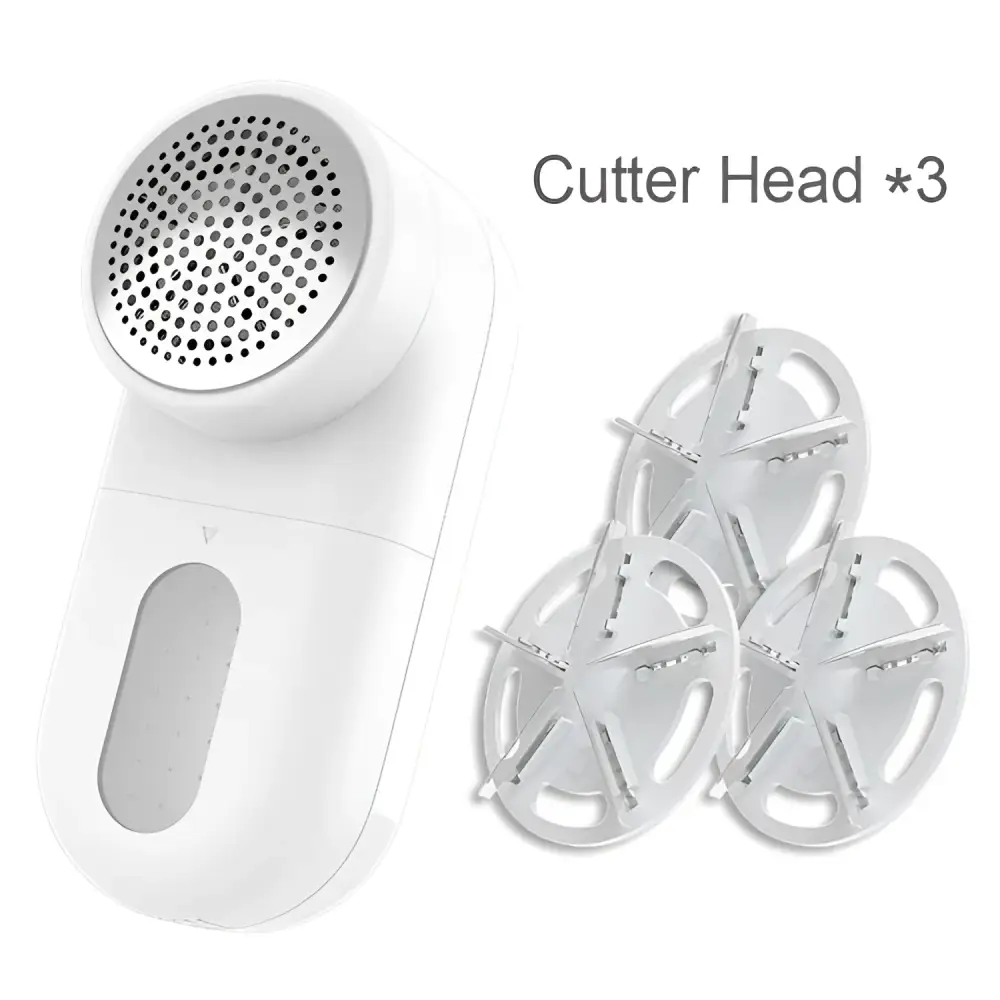 White handheld electric lint and bulb remover with three interchangeable cutter heads for luxury women’s fashion care