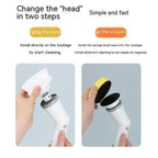 White electric scrubber cleaning wall brush with ergonomic handle and interchangeable sponge and bristle heads
