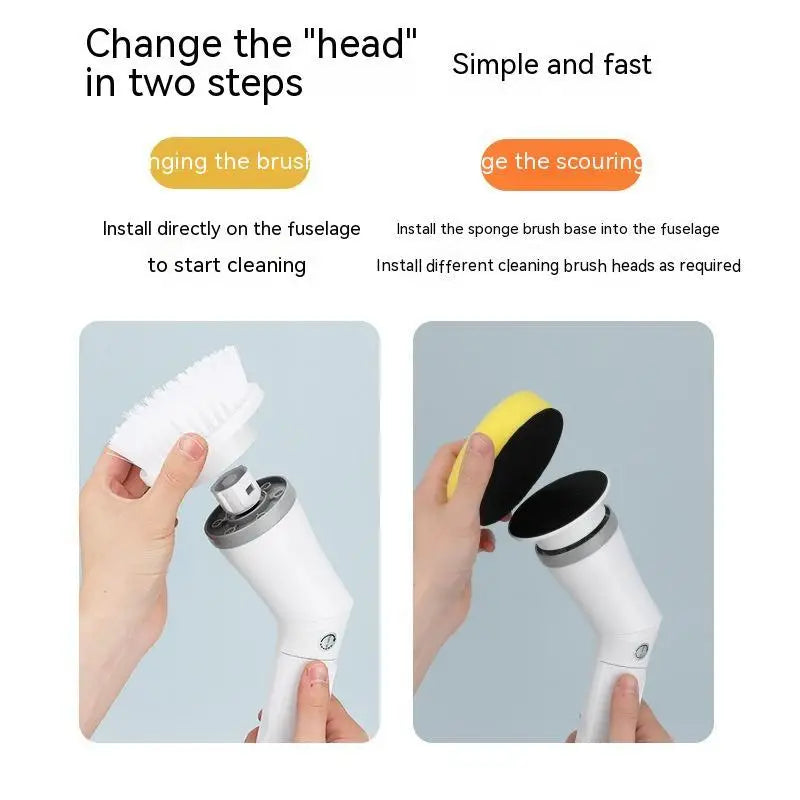 White electric scrubber cleaning wall brush with ergonomic handle and interchangeable sponge and bristle heads
