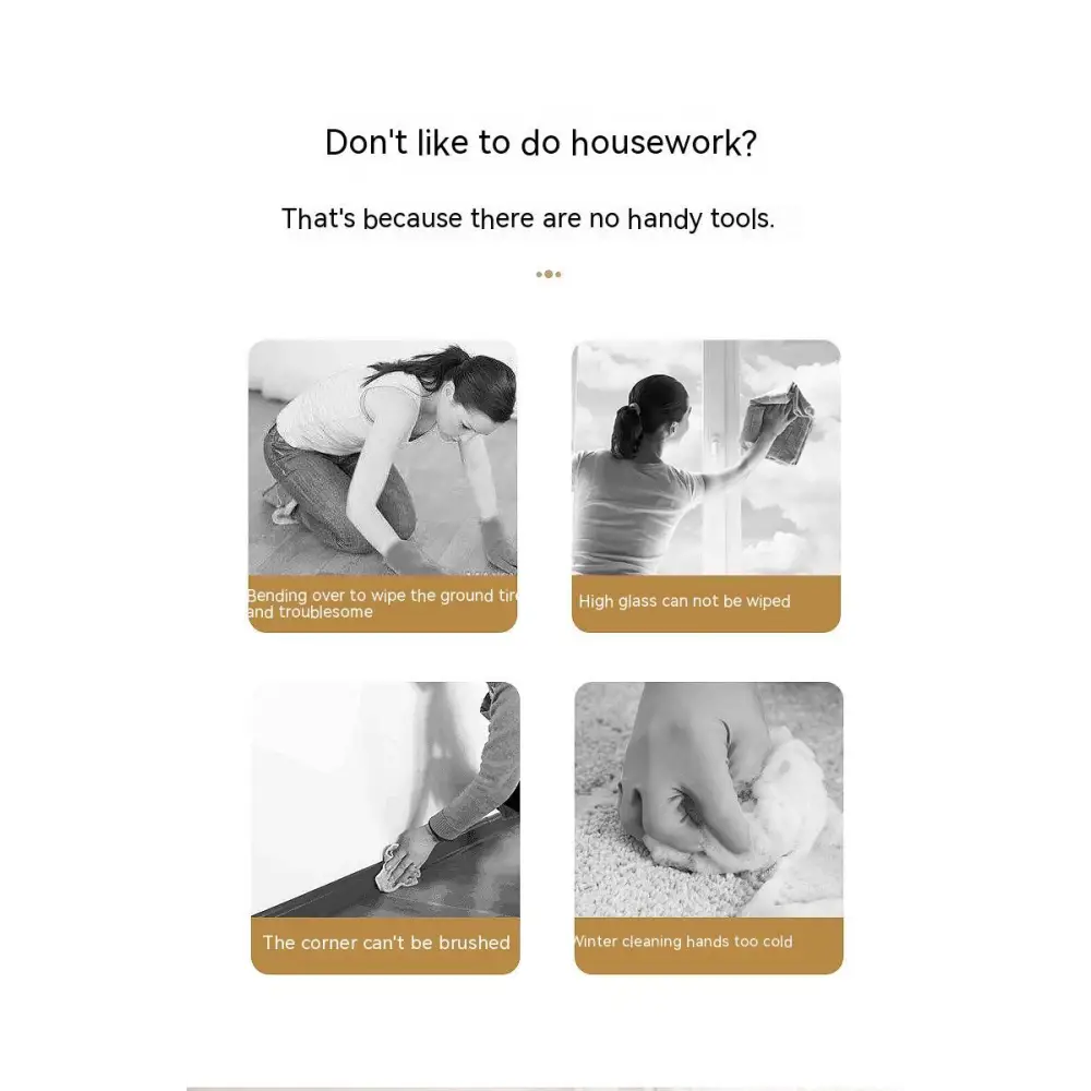 Four black-and-white photos show common cleaning tasks using a white electric scrubber cleaning brush with ergonomic handle
