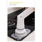 White electric scrubber cleaning brush with gray scrubbing pad and ergonomic handle for efficient kitchen cleaning