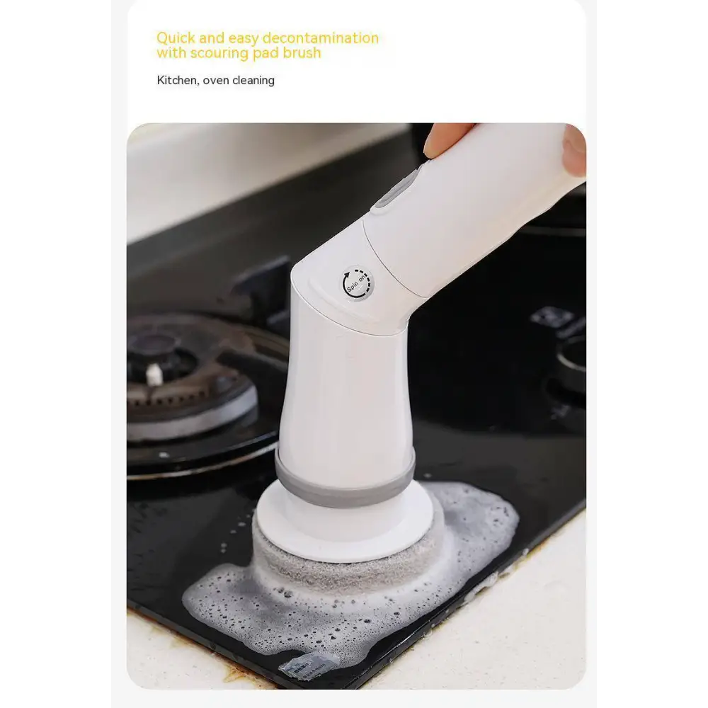 White electric scrubber cleaning brush with gray scrubbing pad and ergonomic handle for efficient kitchen cleaning