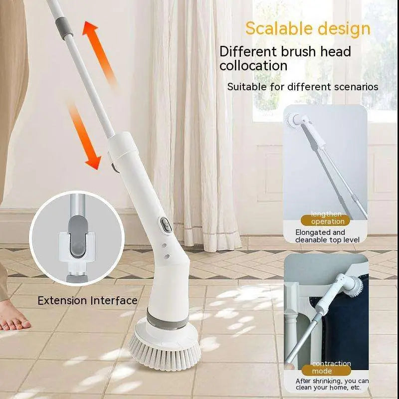 White electric scrubber cleaning floor brush with ergonomic telescopic handle and interchangeable heads for versatile use