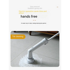 White electric scrubber cleaning wall brush with ergonomic handle and rotating brush head for hands-free tile cleaning