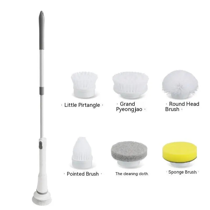 White electric scrubber cleaning wall brush with ergonomic handle and multiple interchangeable scrubber cleaning brush heads