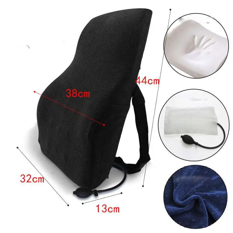 Black inflatable ergonomic lumbar support pillow with airbag adjustment and built-in pump for comfortable posture