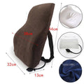 Brown upholstered ergonomic lumbar support pillow with inflatable airbag adjustment and black pump for back relief
