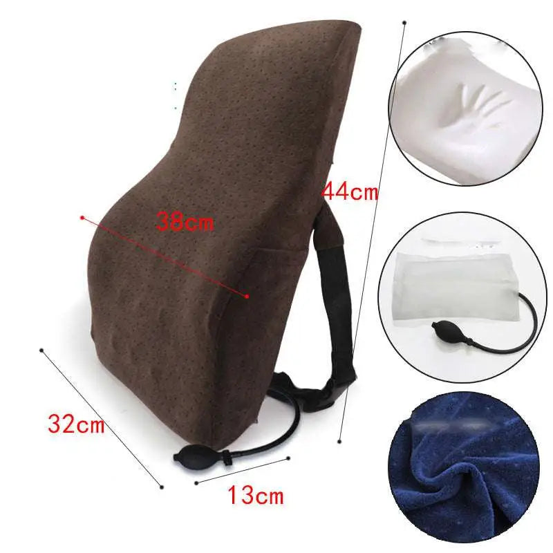 Brown upholstered ergonomic lumbar support pillow with inflatable airbag adjustment and black pump for back relief