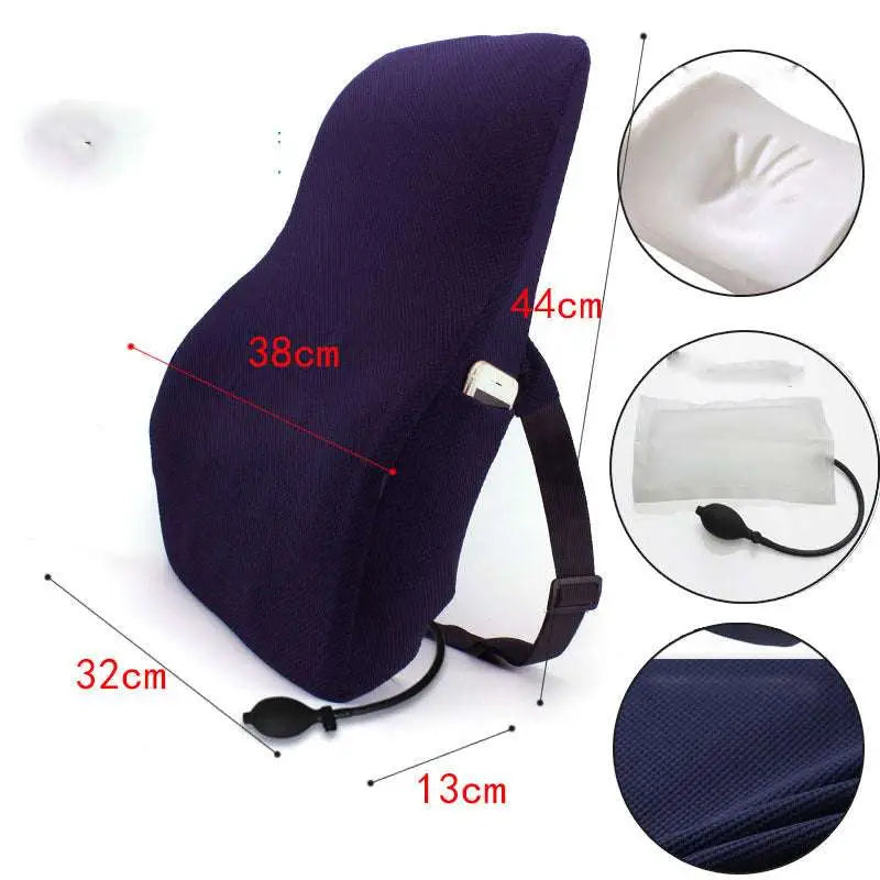 Adjustable navy blue ergonomic lumbar support airbag cushion with black straps and built-in airbag adjustment pump