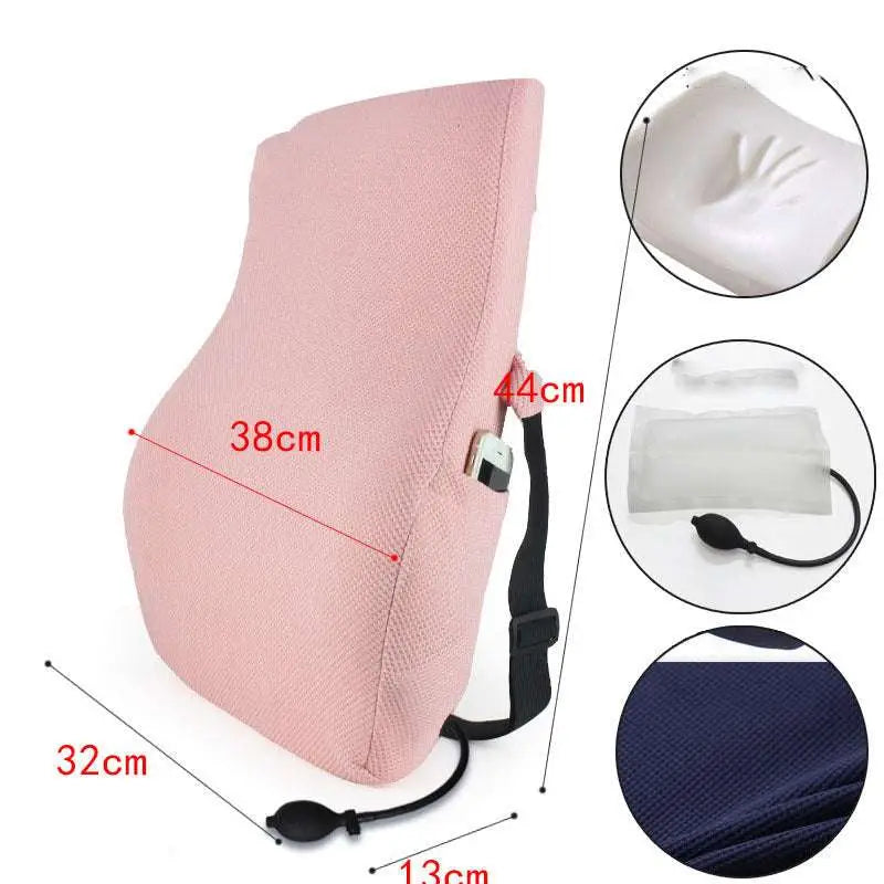 White ergonomic lumbar support airbag version cushion with pink mesh backing black straps and airbag adjustment pump