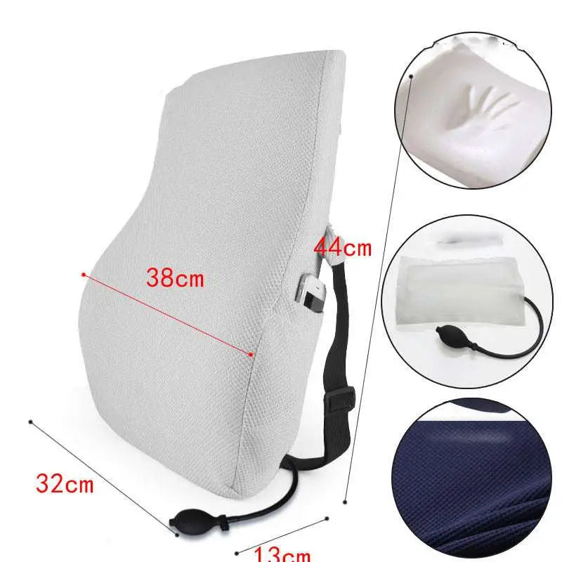 White ergonomic lumbar support airbag cushion with textured fabric cover and black adjustable straps for airbag adjustment