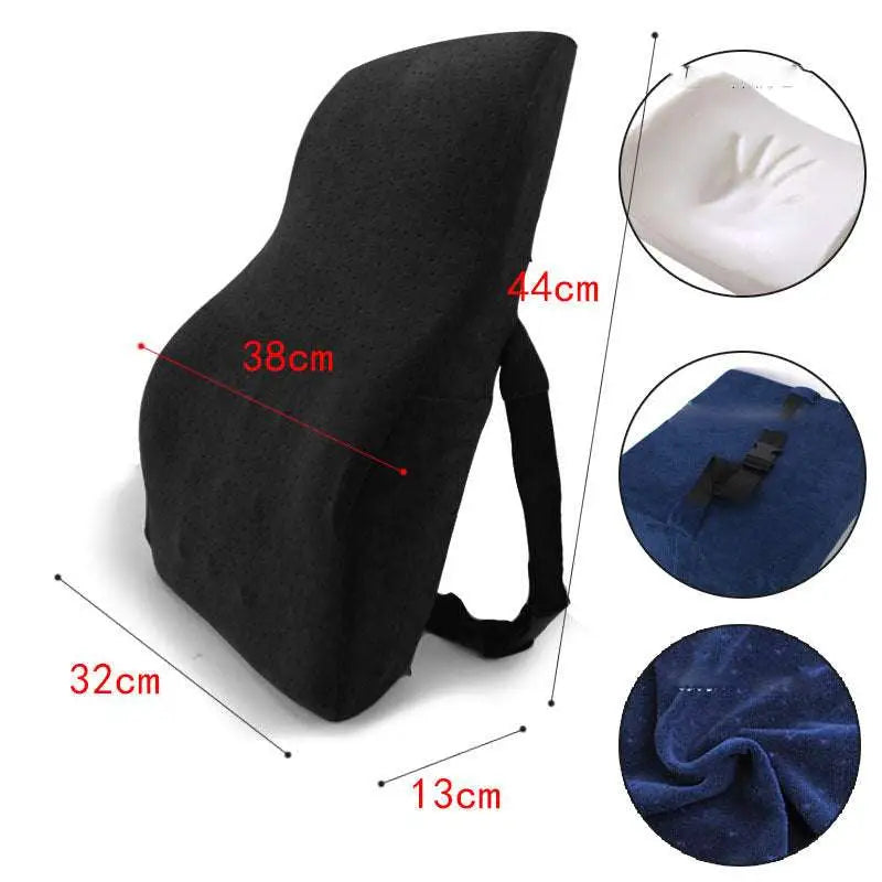Black ergonomic lumbar support pillow with airbag adjustment and adjustable straps for optimal back comfort and posture