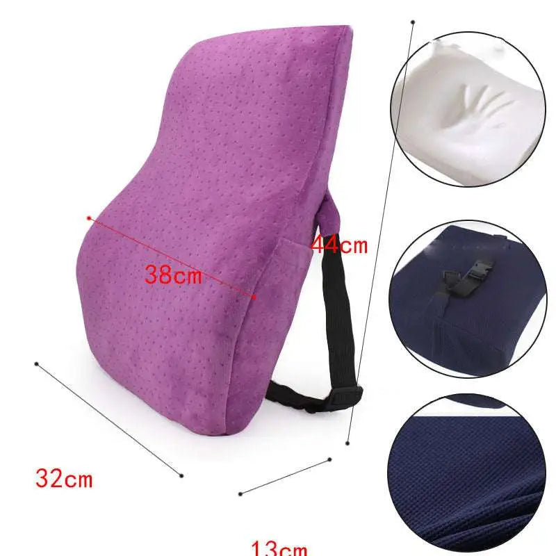 White ergonomic lumbar support airbag version cushion with purple memory foam and perforated fabric cover with black straps