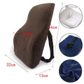 Brown upholstered ergonomic lumbar support pillow with airbag adjustment and adjustable black straps for back relief