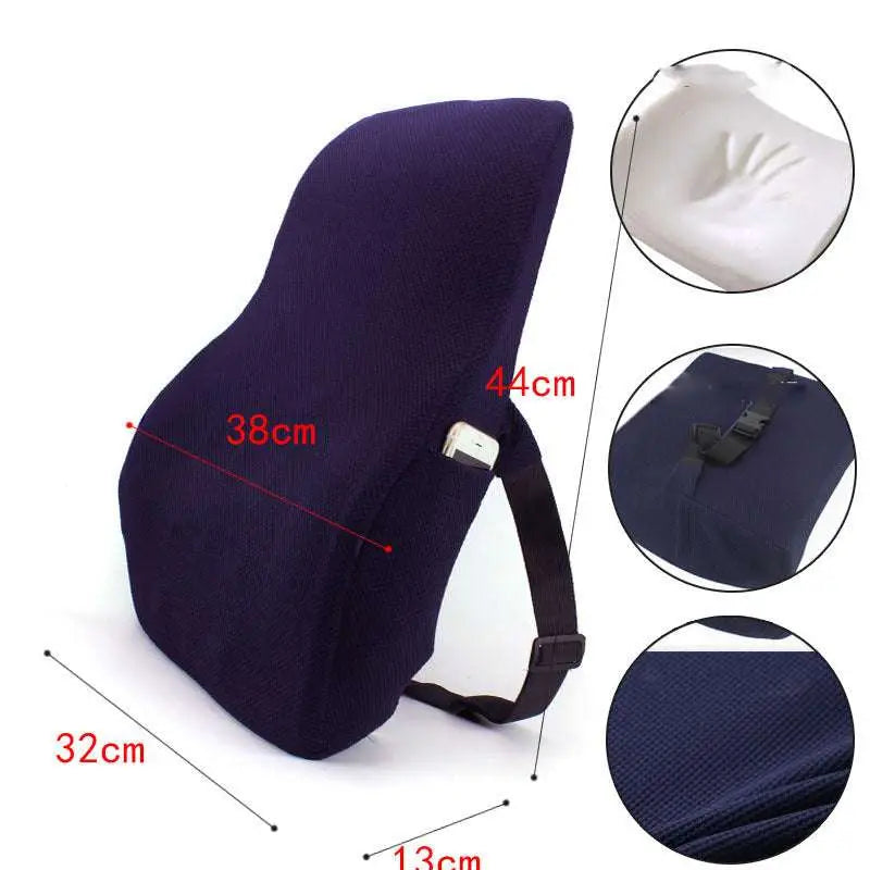 Dark purple ergonomic lumbar support cushion with airbag adjustment and contoured shape for back comfort in blue style