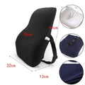 Black ergonomic lumbar support pillow with memory foam interior and adjustable strap for airbag adjustment use