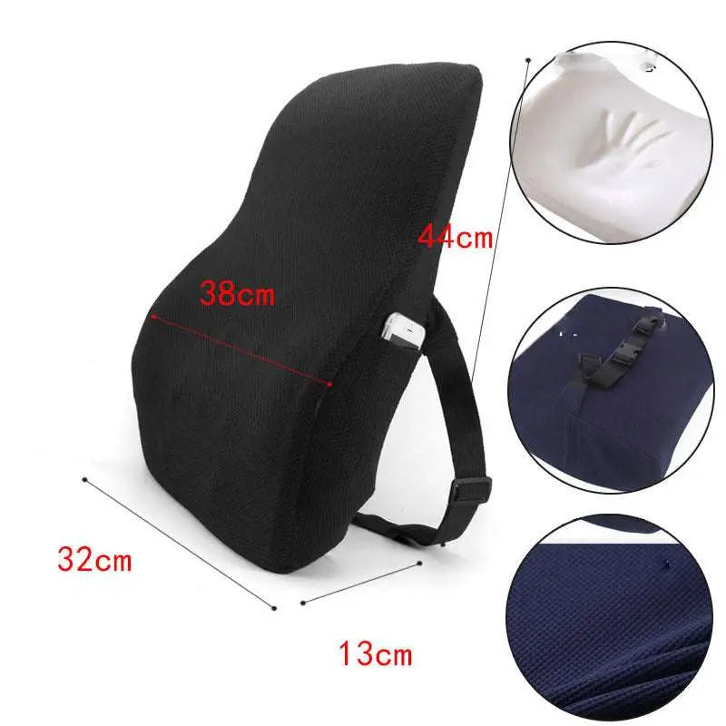 Black ergonomic lumbar support pillow with memory foam interior and adjustable strap for airbag adjustment use