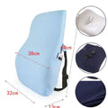 Light blue memory foam ergonomic lumbar support pillow with navy cover and black adjustable airbag adjustment straps