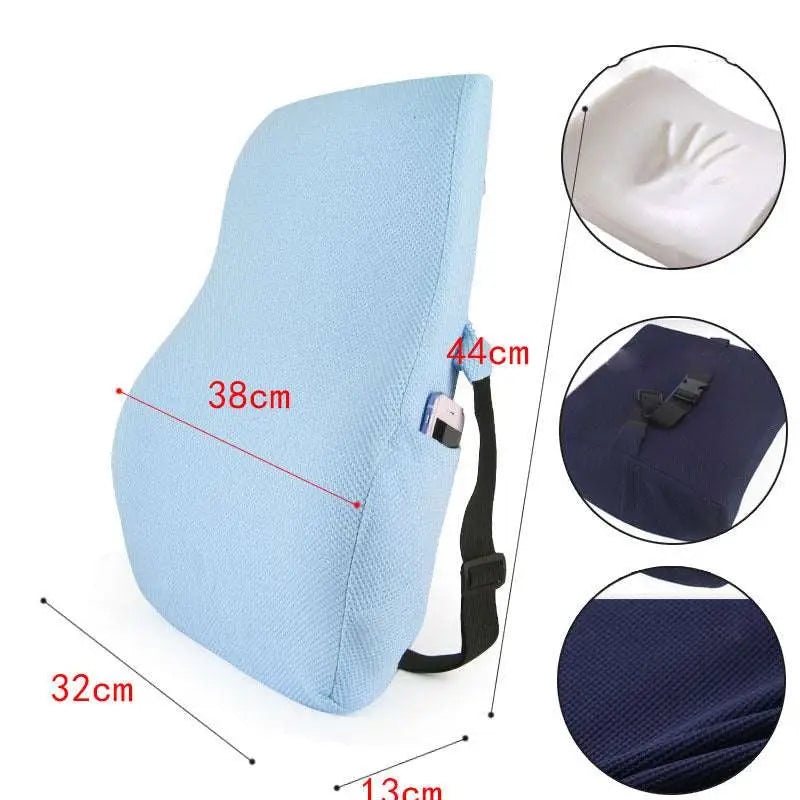Light blue memory foam ergonomic lumbar support pillow with navy cover and black adjustable airbag adjustment straps