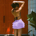 Lavender eyelet lace bow decorative bud skirt with ruffles paired with black halter top for elegant styling