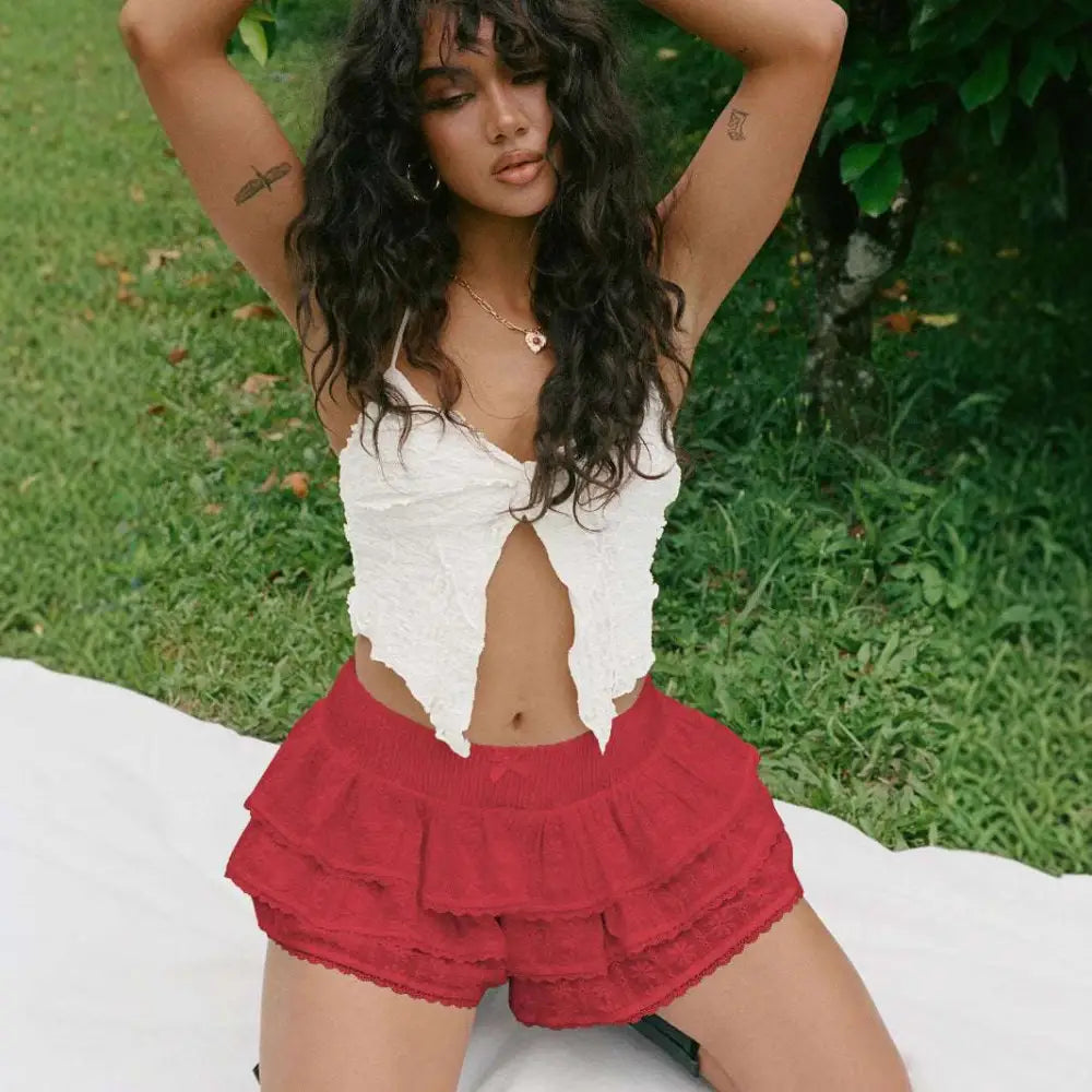 White eyelet lace bow decorative bud skirt with layered ruffle shorts and smocked waistband with bow detail