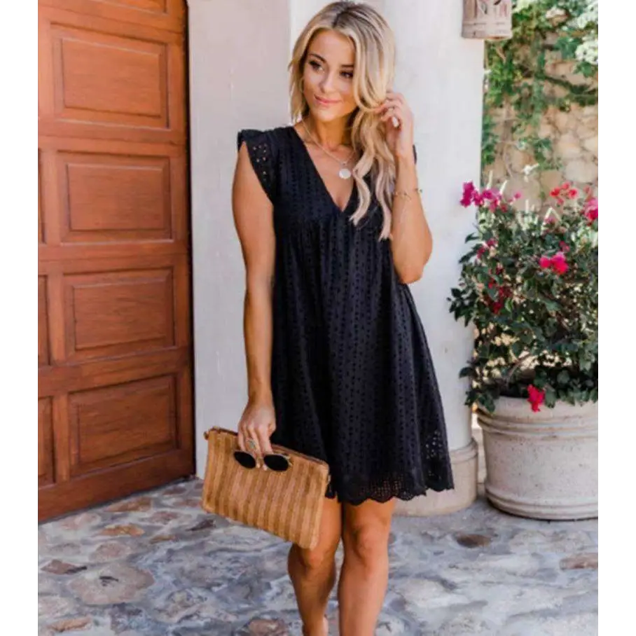 Black eyelet lace sleeveless dress featuring intricate detailing for elegant summer sleeveless dress occasions
