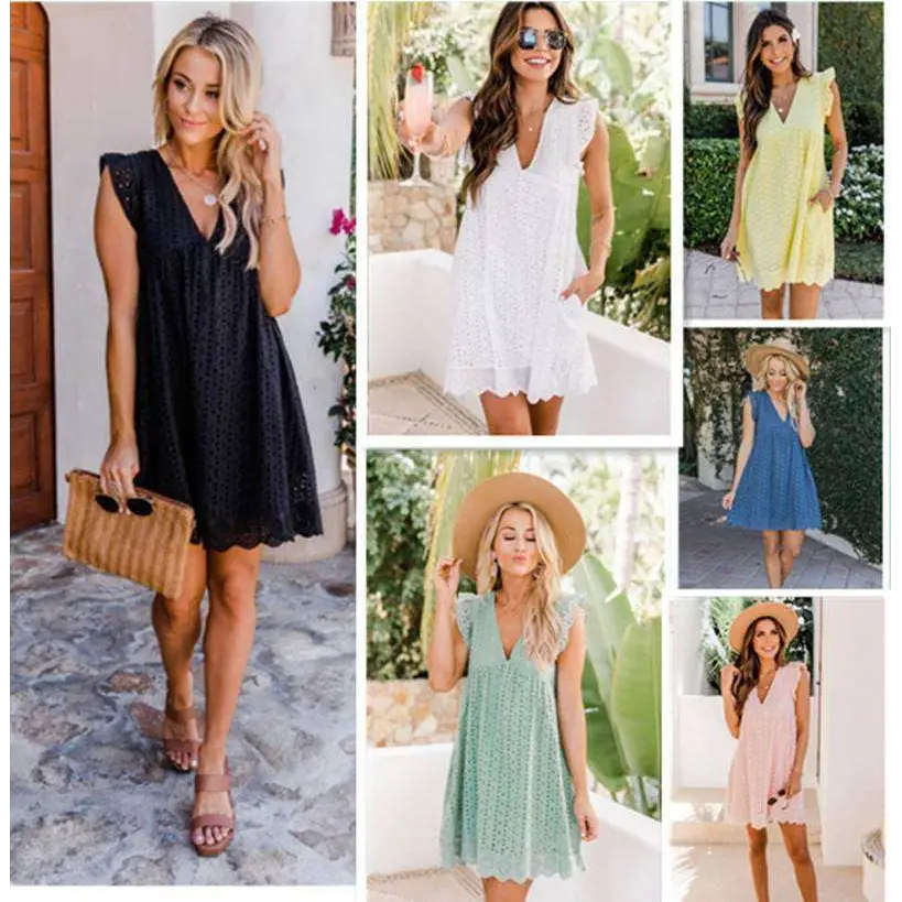 Black eyelet lace dress with v-neck and ruffled sleeves offers a stylish alternative to the white eyelet pocket summer sleeveless dress