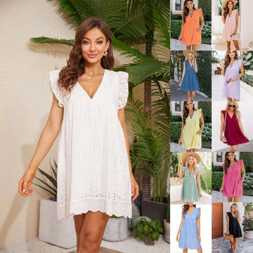 White eyelet pocket summer sleeveless dress with v-neckline flutter sleeves in breathable jacquard fabric