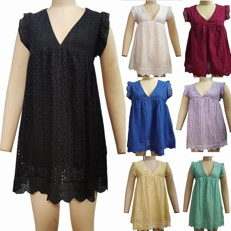 Black eyelet lace dress with scalloped hem and short flutter sleeves contrasting white eyelet pocket summer sleeveless dress