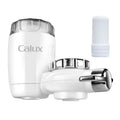 White calux faucet household kitchen front filter with chrome accents and matching replacement cartridge for improved water