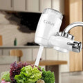 White calux faucet household kitchen front filter with clear top and chrome accents for improved water quality