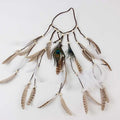 White feather hairband featuring a central peacock feather with elegant white and brown feathers on braided beige cord
