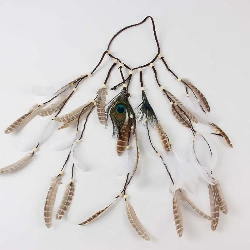 White feather hairband featuring a central peacock feather with elegant white and brown feathers on braided beige cord