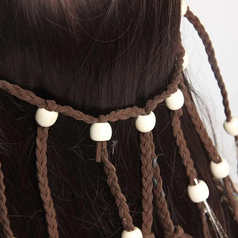 White feather hairband with braided beige cord and cream-colored beads for elegant feather hair accessories