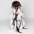 White feather hairband with braided beige cord and cream-colored beads for elegant feather hair accessories