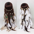 White feather hairband with brown and peacock feathers on a braided beige cord with cream beads for elegant feather hair