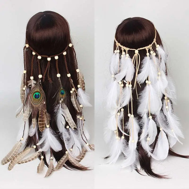 White feather hairband with brown and peacock feathers on a braided beige cord with cream beads for elegant feather hair