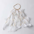 White feather hairband with braided beige cord and delicate pearl accents for elegant feather hair styling