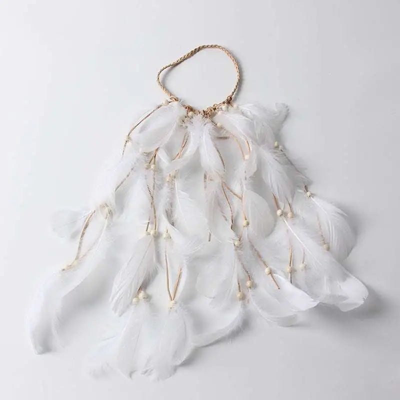White feather hairband with braided beige cord and delicate pearl accents for elegant feather hair styling