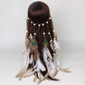 White feather hairband featuring a braided beige cord with cream beads and peacock feathers for elegant feather hair