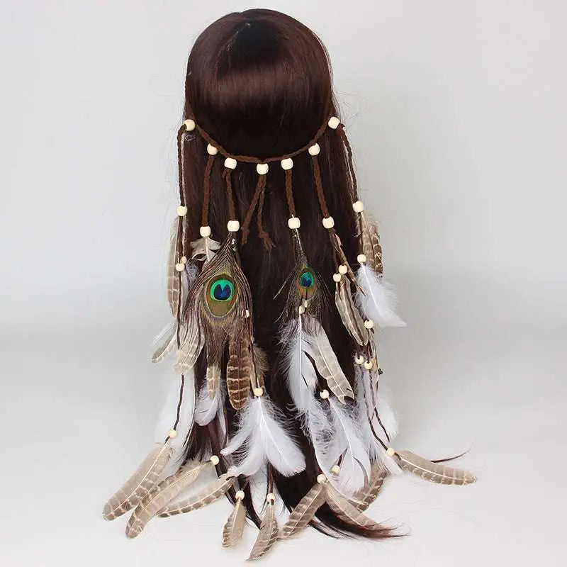White feather hairband featuring a braided beige cord with cream beads and peacock feathers for elegant feather hair