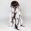 White feather hairband with cream-colored beads and braided beige cord for elegant feather hair styling