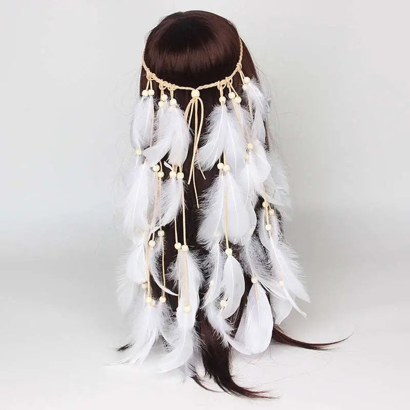 White feather hairband with cream-colored beads and braided beige cord for elegant feather hair styling