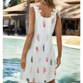 White feather printed fashion sleeveless lace dress in white with delicate lace shoulders and multicolor feather pattern