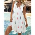 White feather printed fashion sleeveless lace dress with delicate lace trim and red gray beige feather pattern