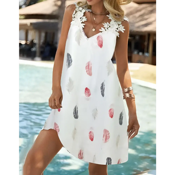 White feather printed fashion sleeveless lace dress with delicate lace trim and red gray beige feather pattern