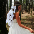 White featherhead bohemia wedding bridal hair band featuring delicate natural feather adornments in white color