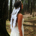 White featherhead bohemia wedding bridal hair band with delicate gold-toned chain and dangling white feathers